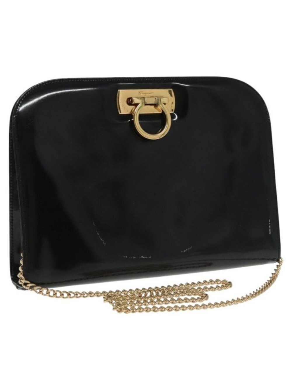 Authentic Salvatore Ferragamo Chain Shoulder Bag Enamel Black Gold